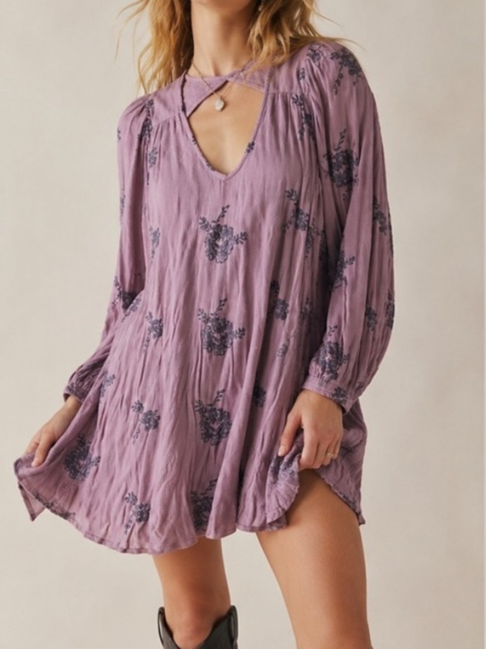 Free People Floral Breezy Austin Emma Dusty Lilac V-Neck Mini Dress